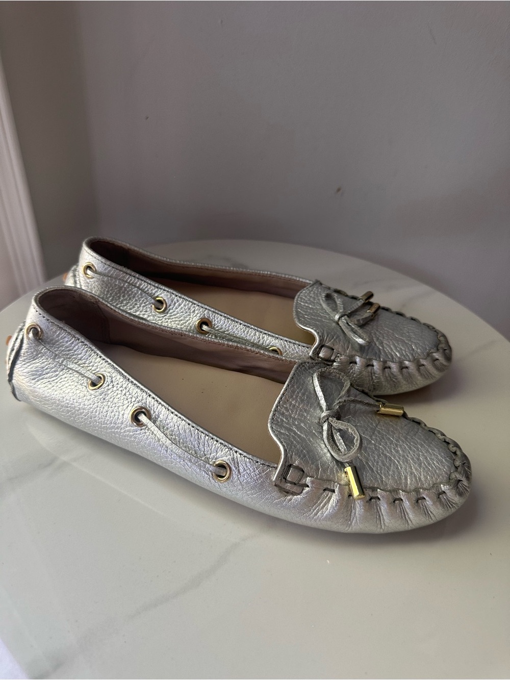 Cole Haan Silver Metallic Leather Moccasin Loafers